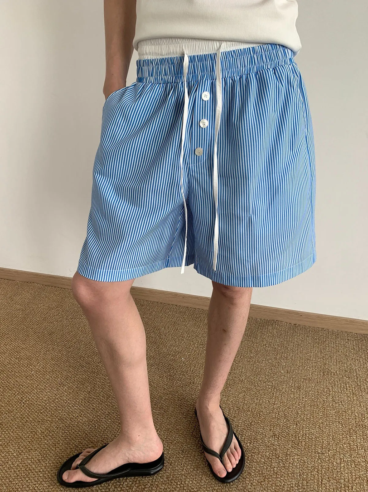 American Retro Double Waisted Striped Shorts Summer Casual Fashionable Street Style Loose Men's Drawstring Spliced Shorts