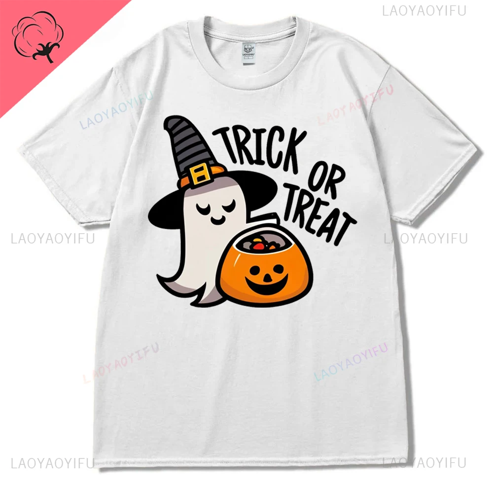 Trick or Treat Ghost Pumpkin Lamp Cartoon Graphics Hallowmas Cotton T Shirt Streetwear Short Sleeve Tshirt Hipster Women Tees