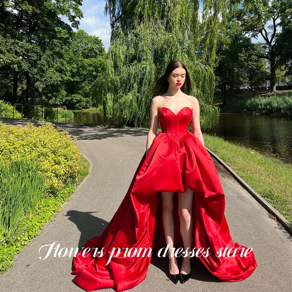 

Flowers Red Satin Party Dress Sweetheart Sleeveless Evening Dresses High Low Party Gown Modest Prom Gown for Women Customized
