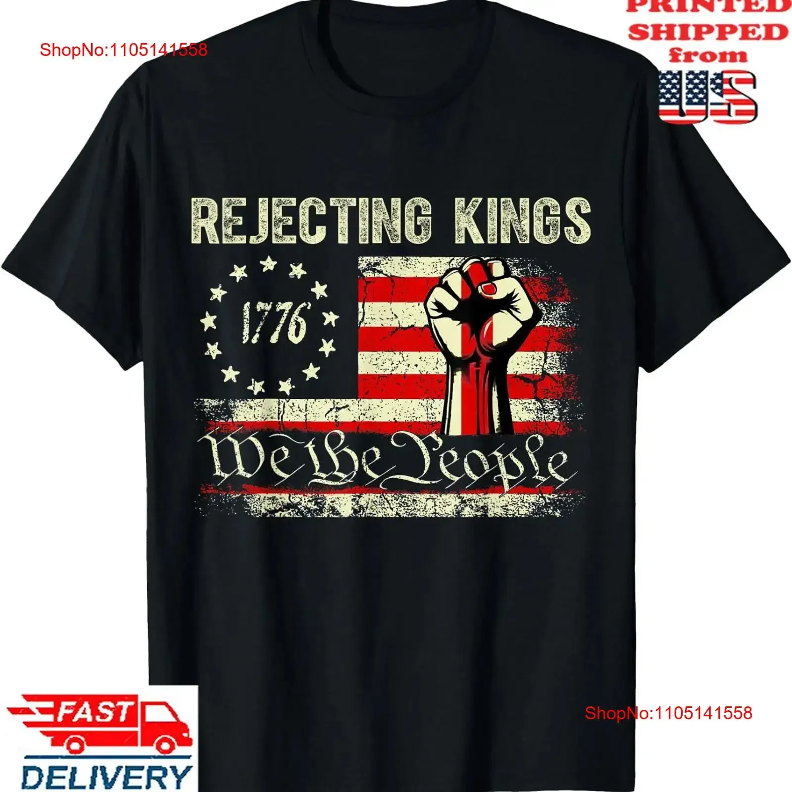 Rejecting Kings Since 1776 Hand grip design T Shirt  vintage Washed Top For Everyday Wear Casual homme Stylish Soft