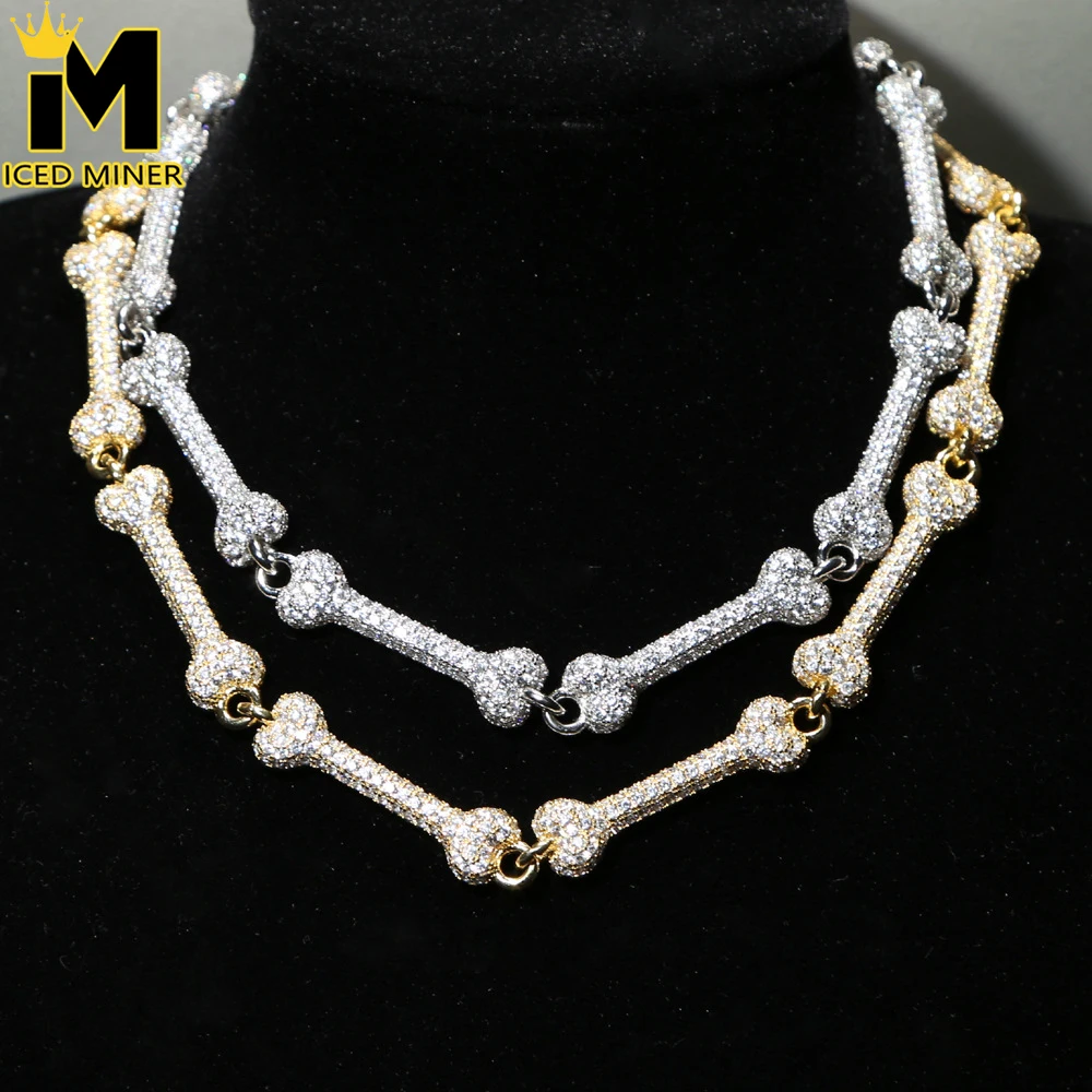 

5A Zircon Bone Necklace Cuban Chain Iced Out For Men And Women Bling Jewelry Fashion Hip Hop Jewelry Free Shipping