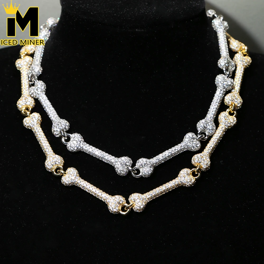 5A Zircon Bone Necklace Cuban Chain Iced Out For Men And Women Bling Jewelry  Fashion Hip Hop Jewelry Free Shipping