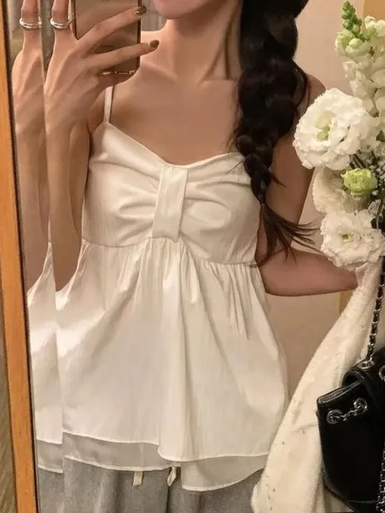 Chic Textured Knot Strap Vest Women's Summer Outerwear Cute Age-Defying Sleeveless Top Loose Fit Single Button Closure