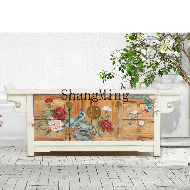 

ZYY Chinese-style painted furniture antique warped head four buckets double door locker porch TV cabinet