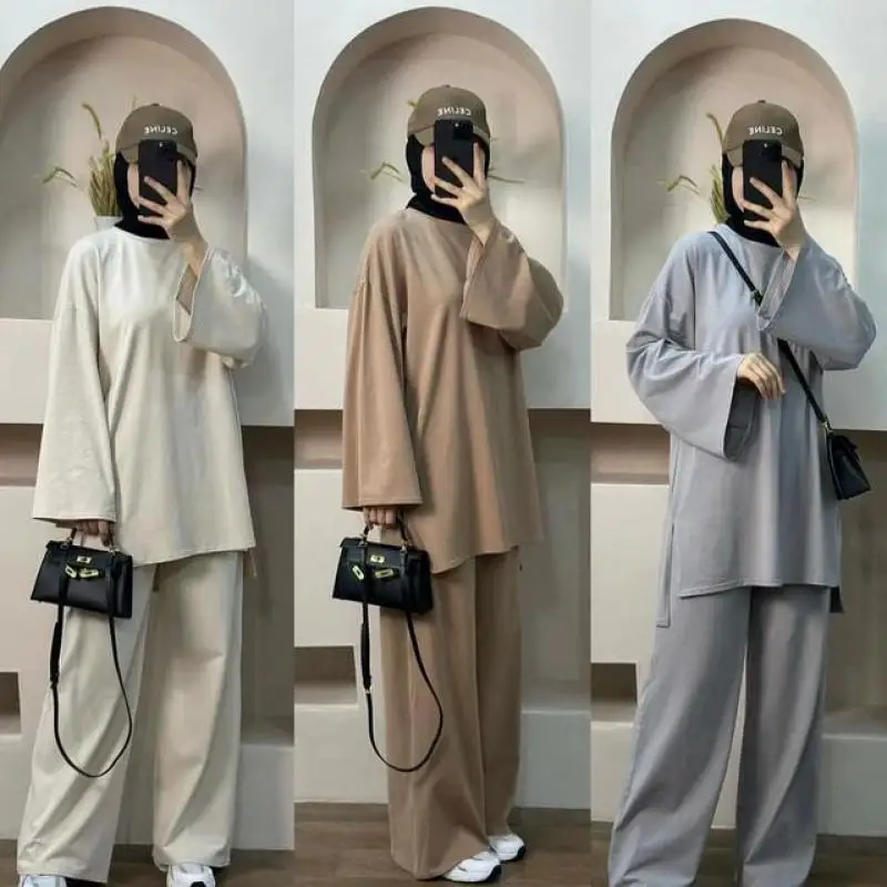 المرأة المسلمة كم طويل بلوزات وسراويل متواضعة دبي تركيا وتتسابق البلوز فام 2 قطعة عباية مجموعات ملابس كاجوال إسلامية