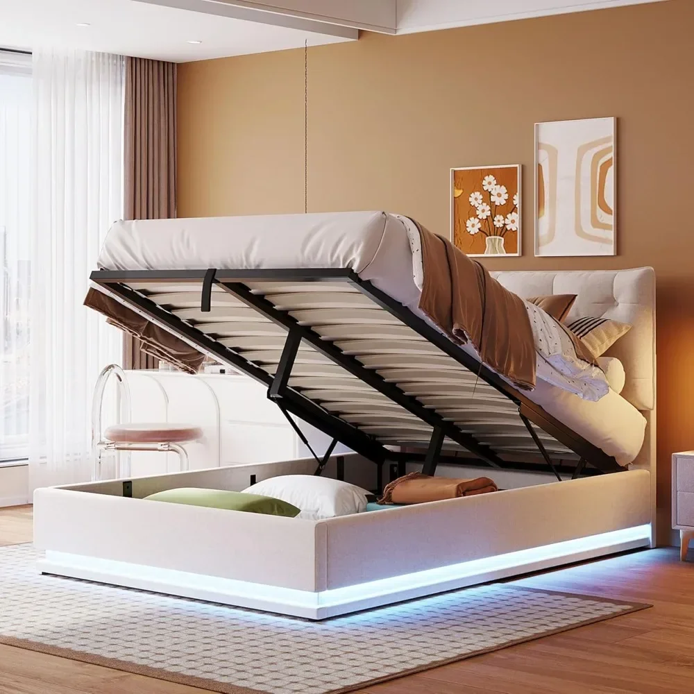 Full Size Upholstered Bed with Hydraulic Storage System and LED Light, Modern Platform Bed with Button78.7