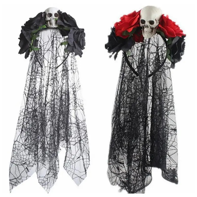 Halloween Rose Flower fascia teschio tessuto fiore corona copricapo con velo nero Costume da festa Cosplay copricapo decorazione