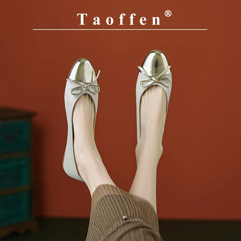 

Taoffen New Women Flats Shoes Genuine Leather Mix Color Ladies Shoes Butterfly-knot Soft Ins Sweet Daily Slip-On Woman Shoes