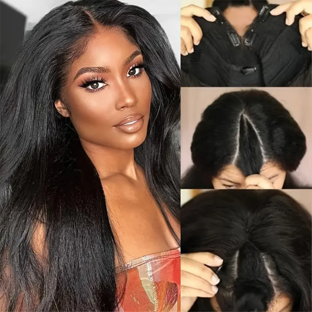 Kinky Straight V Part Human Hair Wigs Natural Black Yaki Straight Wig With No Leave Out V Part Wig Human Hair Full Machine Made