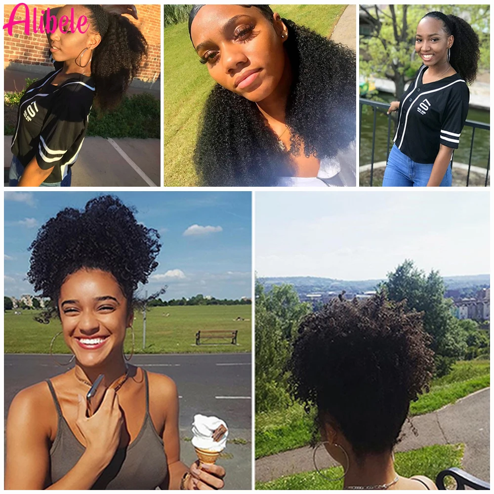 Alibele Afro Kinky Curly Wrap Rond Paardenstaart Menselijk Haar Extensie Korte Paardenstaart Clip In Haarstuk 4b 4c Remy Curly Voor Vrouw