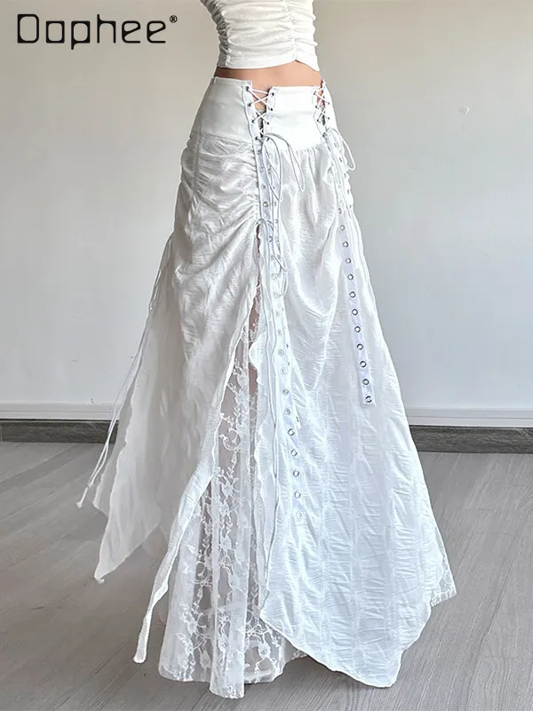 

American Spicy Girl Y2K Cross Tie A-line Skirt Women Elegant White Lace Patchwork Irregular Subculture Gothic Mid-length Skirt