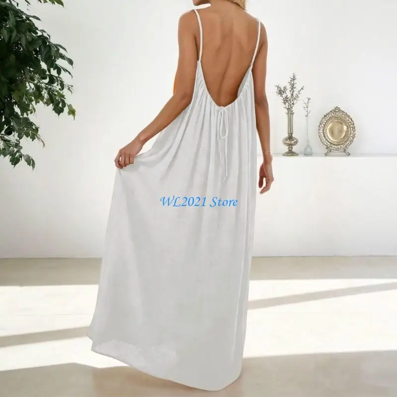 G5GC Damska długa sukienka w stylu spaghetti, bez pleców, luźno dopasowana