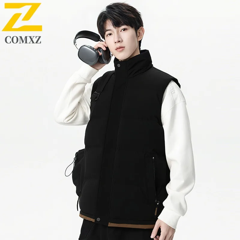 COMXZ  New Cotton Vest Fashion Stand Collar Men Winter Thickened Warm Vests Plus Size Sleeveless Sports Cold Proof Two Zip Gilet