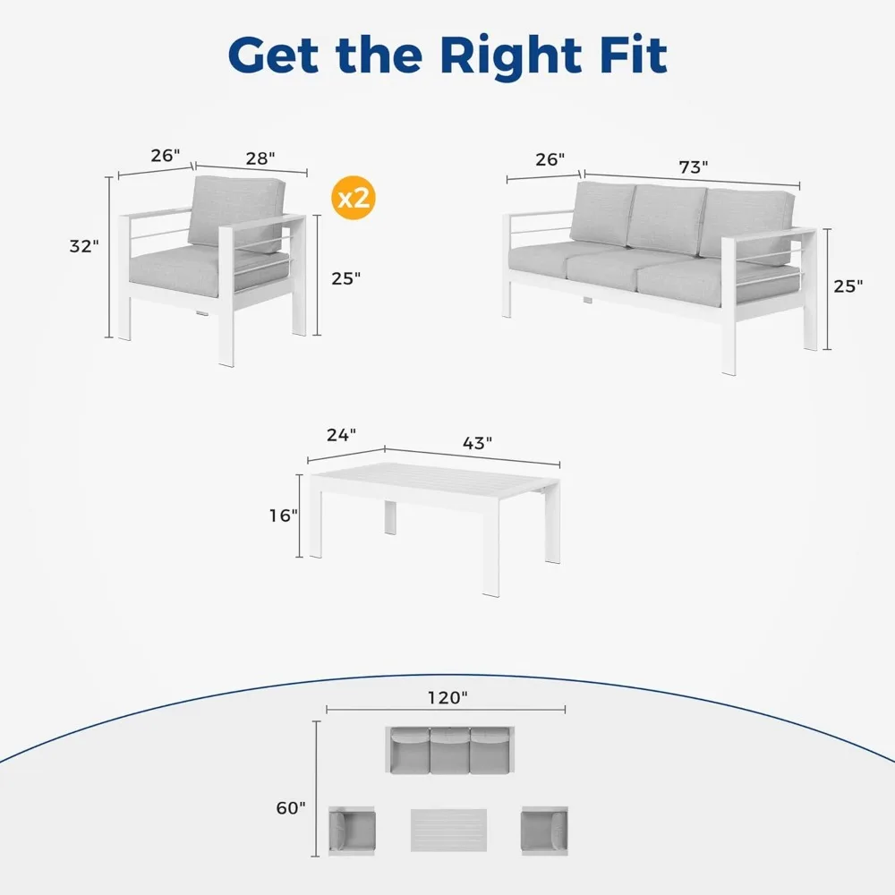 Conjunto de móveis para pátio externo, conjuntos modernos de conversa para pátio, sofá secional de metal para exterior com almofada de 5 polegadas e mesa de centro