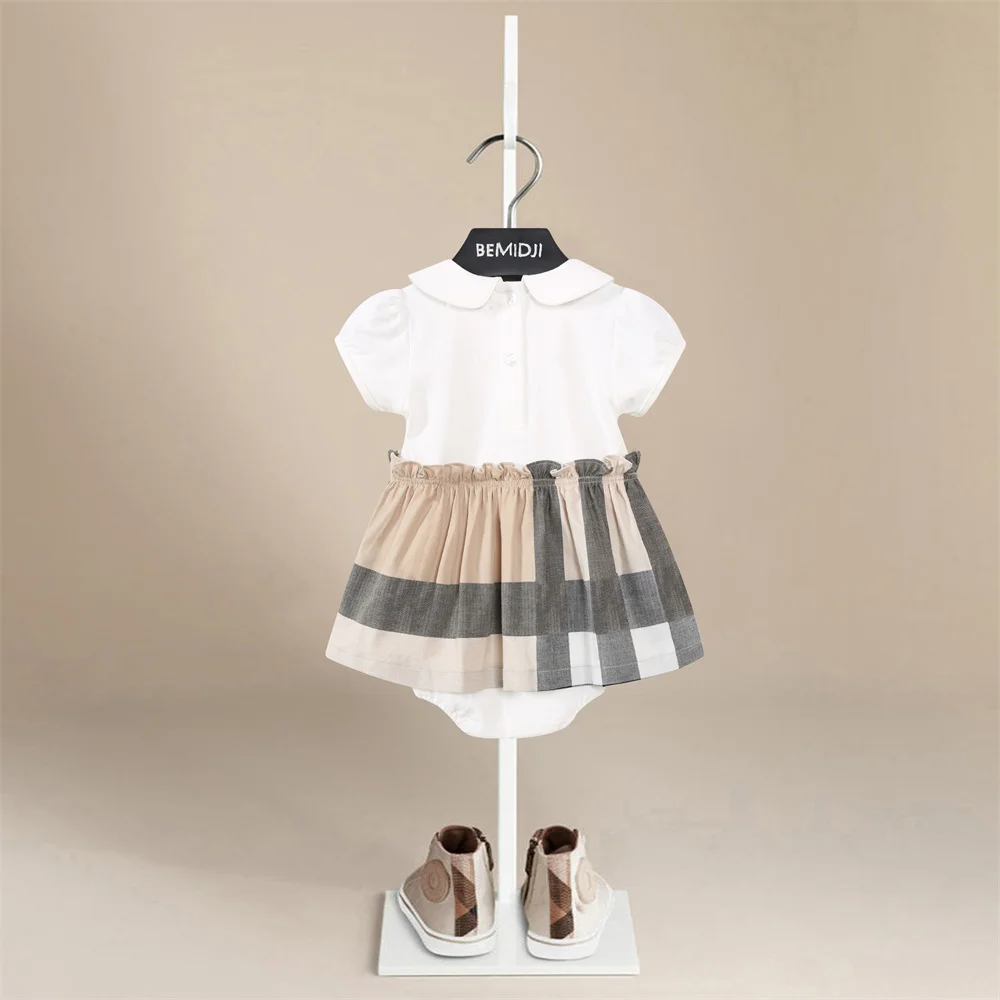 Brand Newborn Baby Girls Check Trim Dresses Infant Bodysuit for Twins Baby Girls and Baby Boys Luxury Brands Designer Outfits