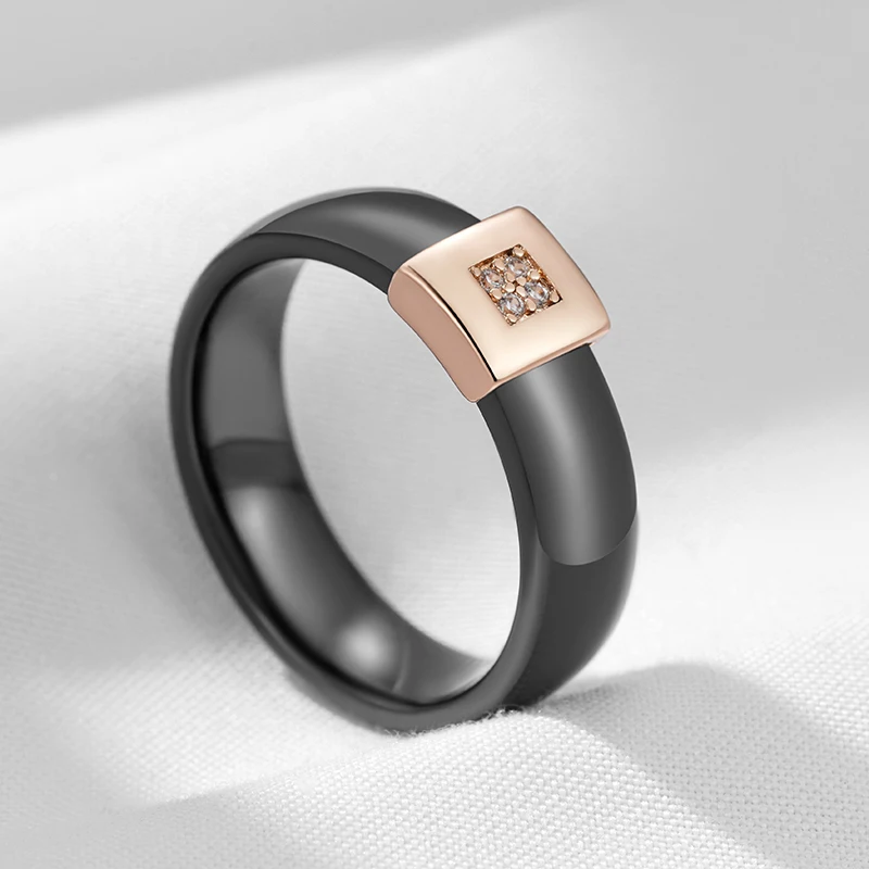 Kinel Hot Black Ceramics Ring For Women Fashion 585 Rose Gold Color Natural Zircon Accessories High Quality Daily Fine Jewelry