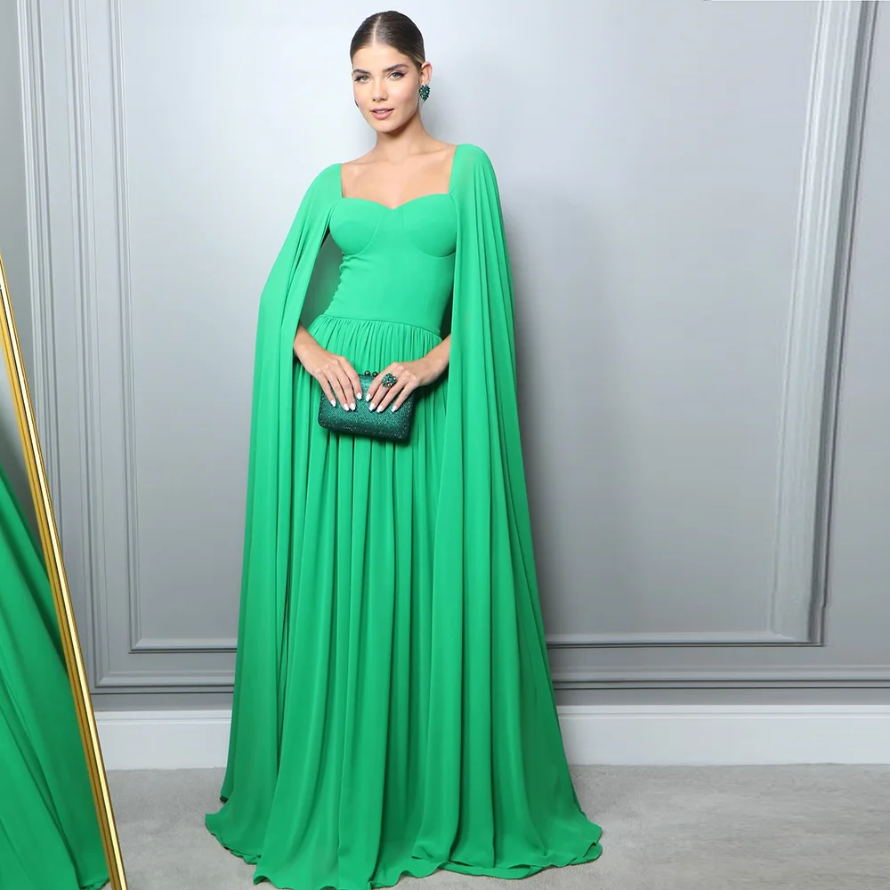 Customized Green Chiffon Prom Dresses Sweetheart Cap Long Sleeves A-Line Evening Gowns Formal Party Dress vestido de festa