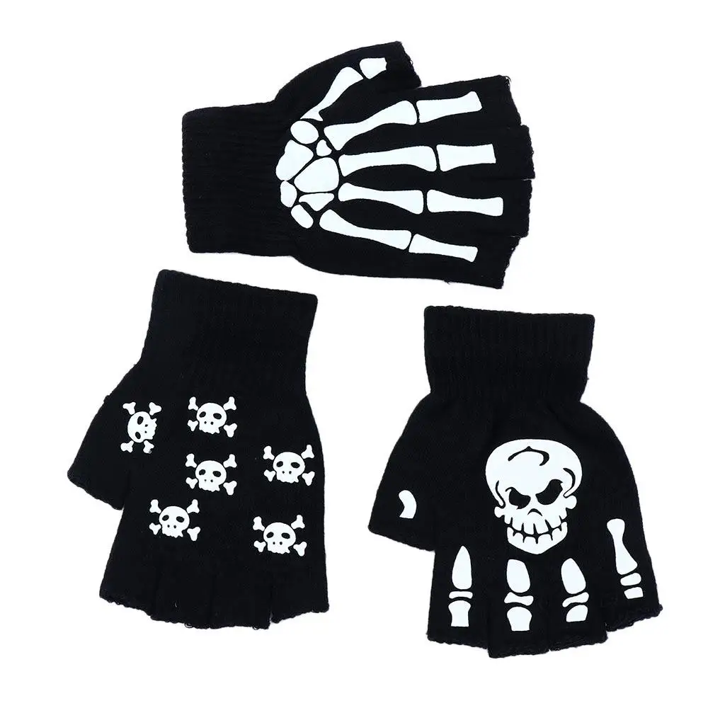 Guantes luminosos de Halloween para invierno, manopla de dedo completo, calentador de manos, antideslizante, Horror, hueso, Calavera, medio dedo