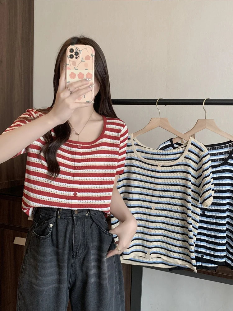 حجم كبير الحرير الجليد شريط تريكو ort Sve فضفاضة تناسب المرأة تي شيرت الكورية Sle تخفيف Faion زر التفاصيل