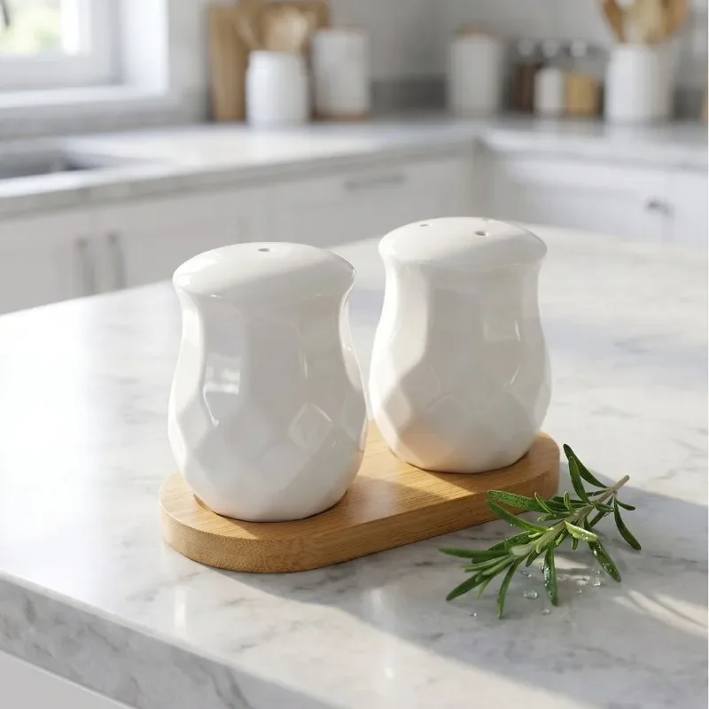 Korean creative diamond pattern pepper powder bottle set bamboo base Simple white condiment bottle Salt cumin jar Kitchenware