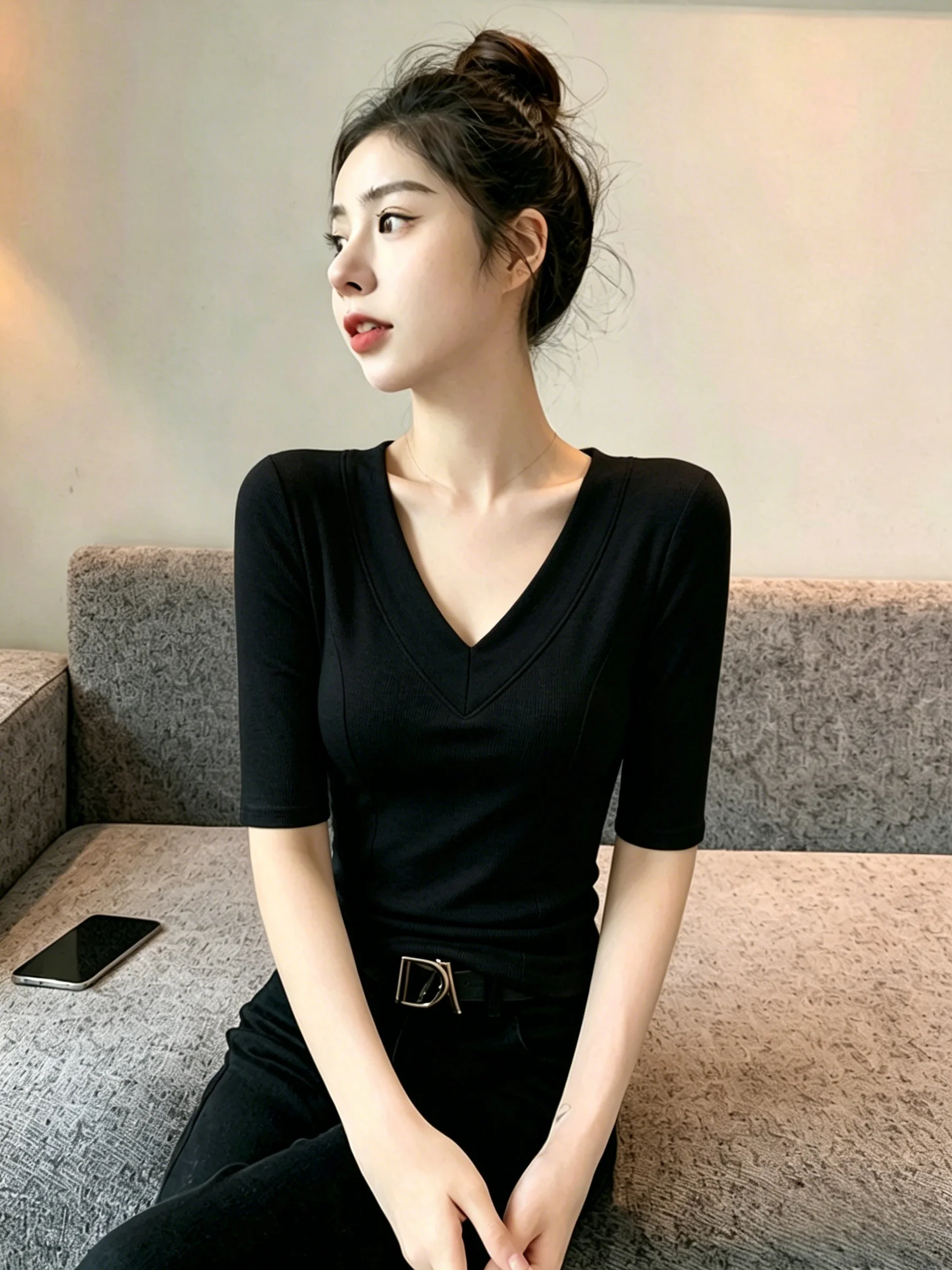Slim Fit V-Neck Short Sleeve T-Shirt 95 Cotton Five-Point Base Shirt Summer plus Size Women's Fashionable Versatile Underwear
