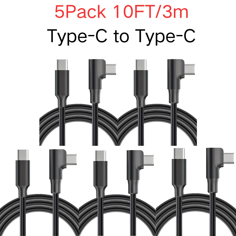 

5 шт., 10 футов/3 м, плетеный кабель для зарядки из ПВХ типа C, прямоугольный кабель C-C, прочный кабель для быстрой зарядки на 90 градусов