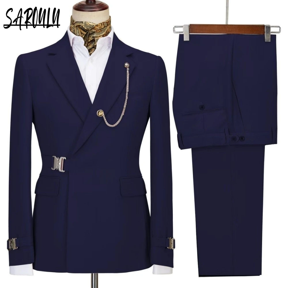 Popular 2-pieces Man's Suit Vintage High Quality Peak Lapel Jacket Pants 2025 Vogue Gentleman Customized Hot Sale Set In Stock