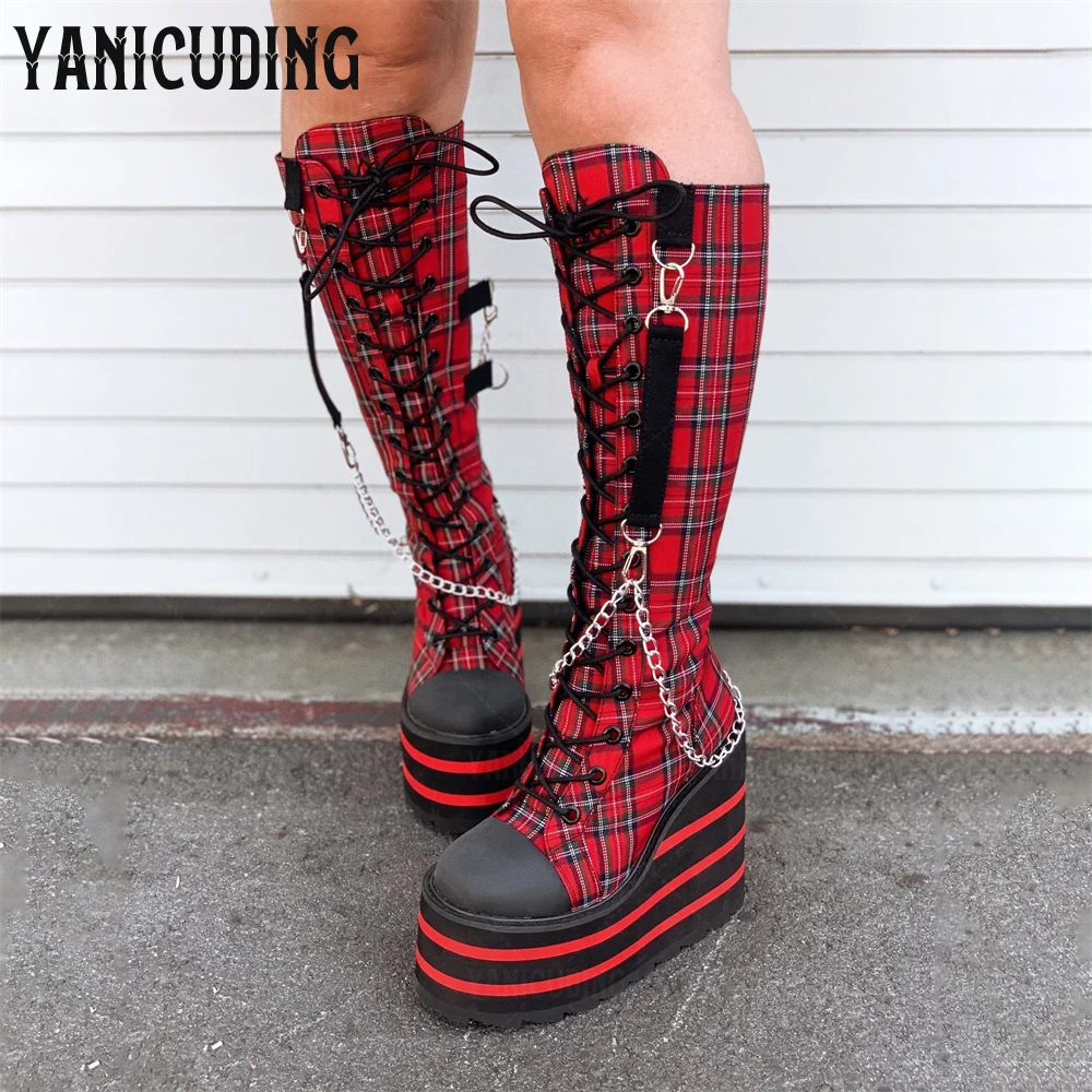 

Striking Red Plaid Canvas Knee Boots Striped Platform Wedge Boots Metallic Silver Chain Canvas Boots Cosplay Cross Strap Boots
