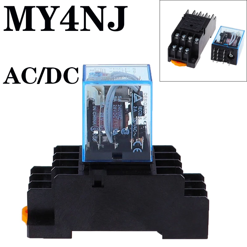 1 set MY4 small Electromagnetic relay Power Relay DC12V DC24V AC110V AC220V Coil 4NO 4NC DIN Rail 14 pins + Base Mini relay