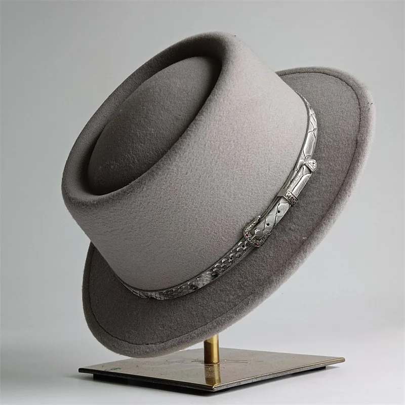 4.5CM Fedora Hat Flat Top Pork Pie Hat Snakeskin Accessories Red Felt Hat Men's Jazz Flat Church Hat  Wedding Hat Women's Hat