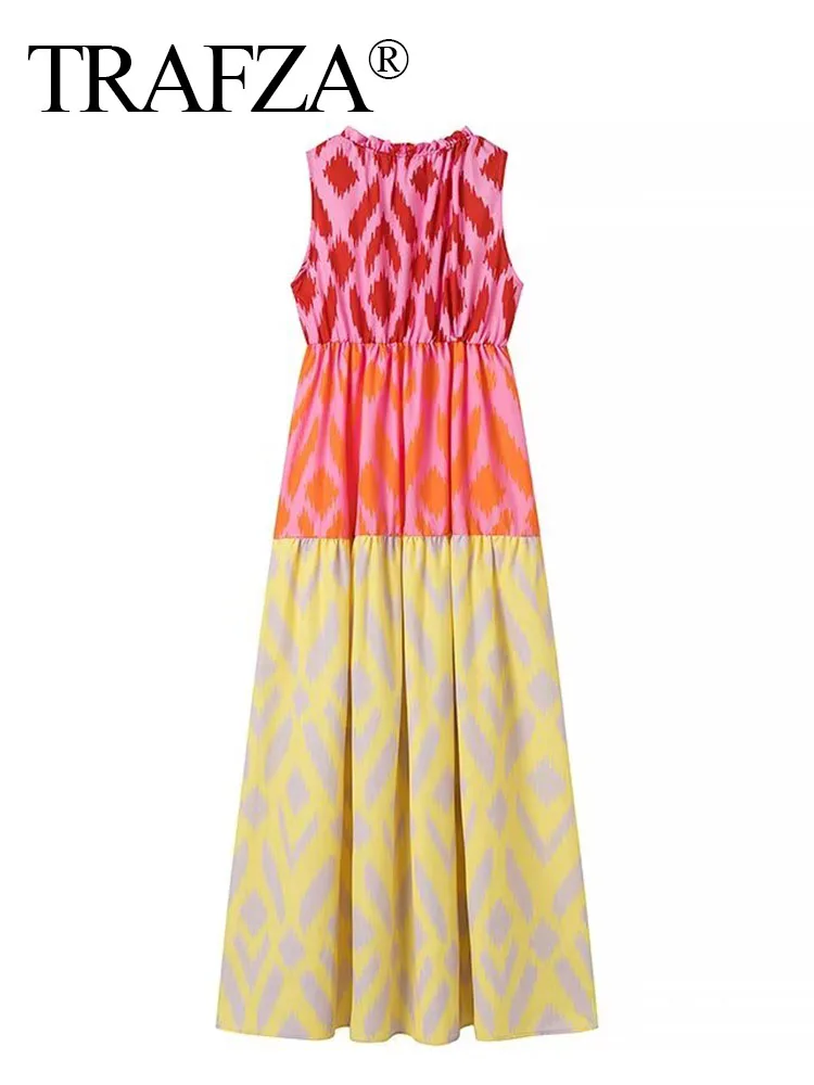 TRAFZA Summer Women's Fashion Sexy Print Dress Sleeveless Loose Long Dresses Chic Bow Lace-up Decoration Female Pleated Dress