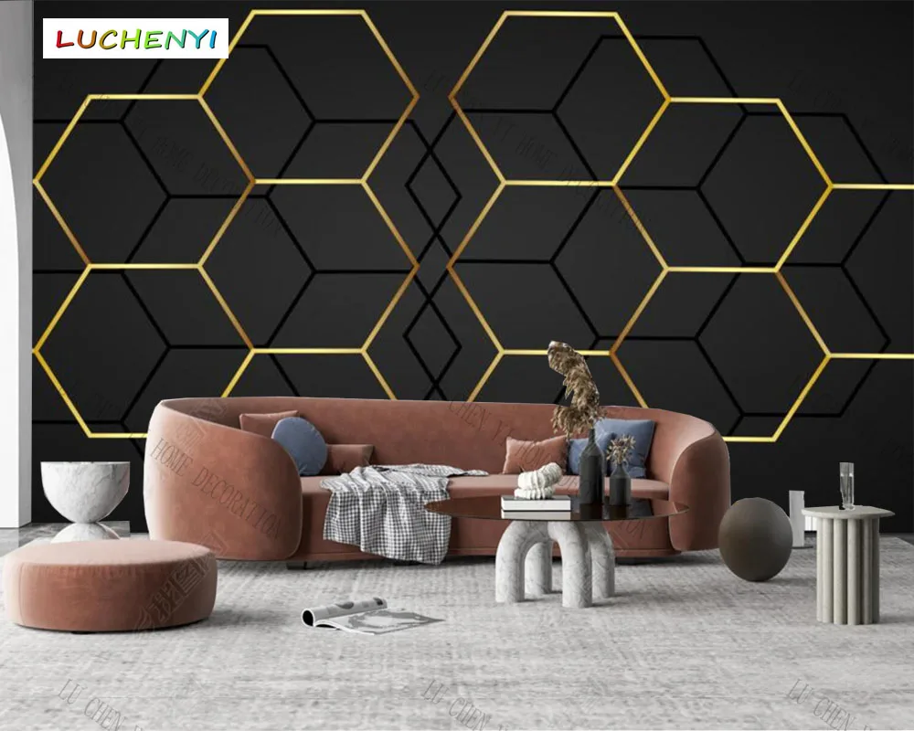 Custom  Abstract golden line hexagon Geometric 3d wallpaper,Living Room tv wall Bedroom home decor KTV  bar mural