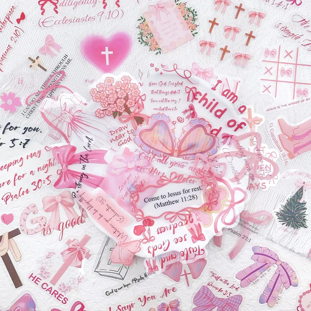 10/30/50pcs Pink Bow Jesus Bible Phrases Stickers Aesthetic DIY Water Bottle Phone Notebook Transparent Cartoon Decals Wholesale