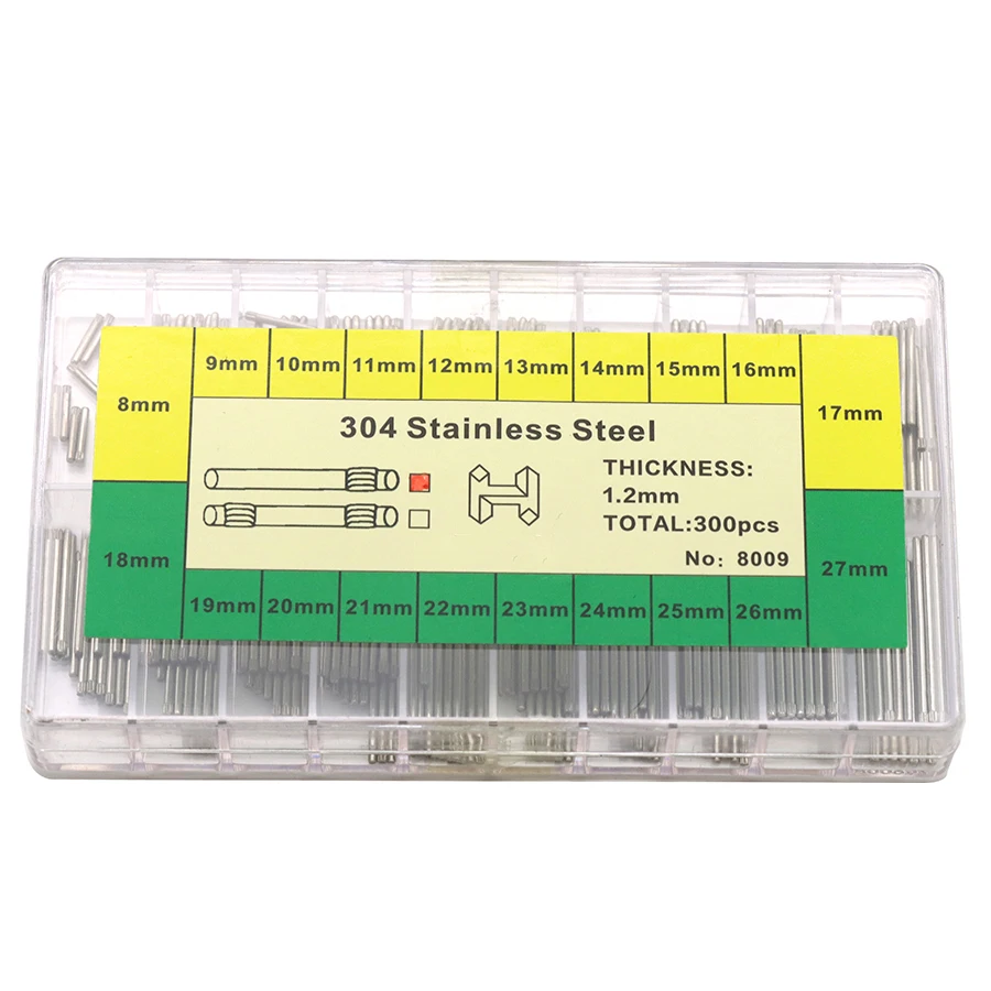 Piezas de reloj Correa de acero inoxidable 304 y eje de conexión de corona Crudo 1,2 mm Varios tamaños que rangan de 8-27 mm de longitud