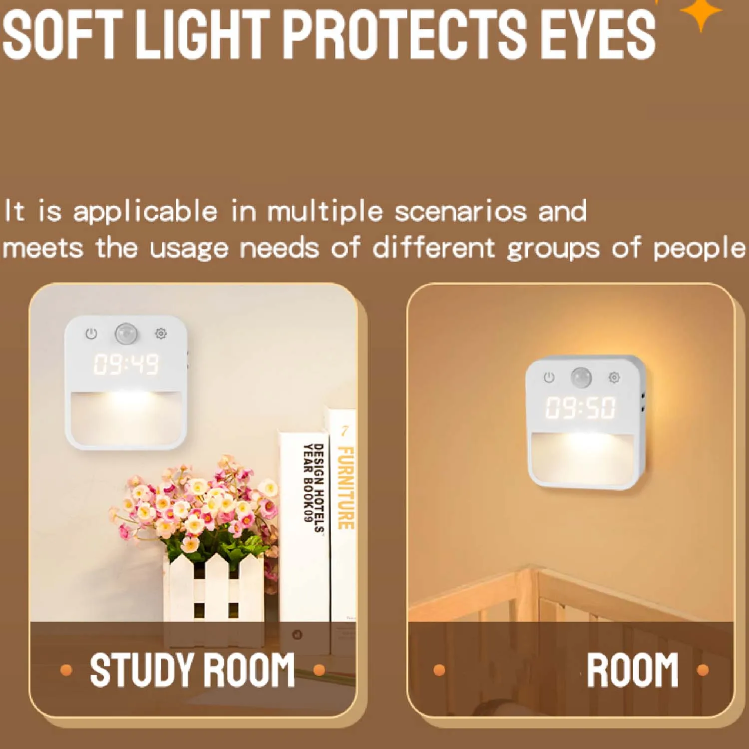 Motion Activated Night Light Illuminating Fixture with Clock Display with Built-in Clock Display Dimmable Hallway Light