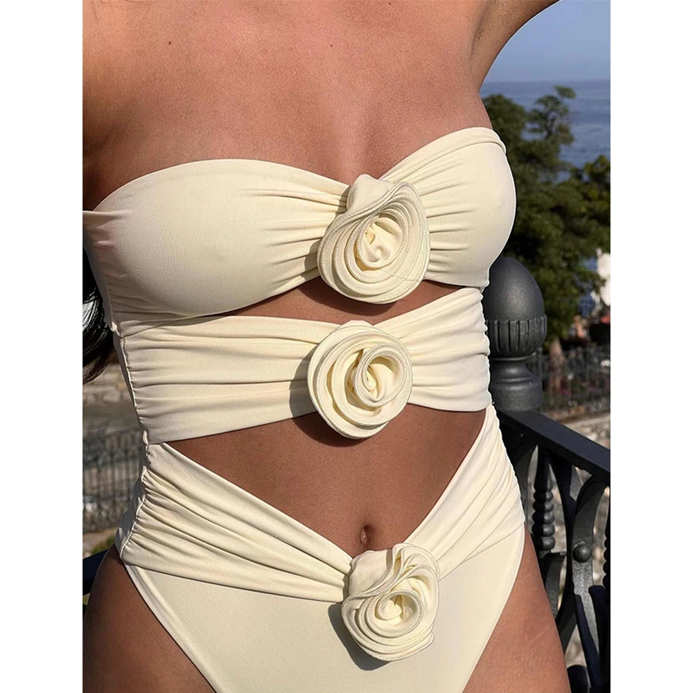 Solid White 3D Floral Bikini Luxury Brand Hollow out Swimwear Women Summer Beach Resort Swimsuit One Piece Slim Fit Bathing Suit