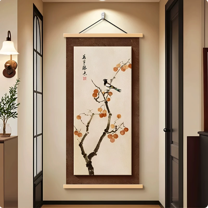 Wall Art Persimmon Branches and Autumn Leaves Vintage Chinese Pearlescent Canvas Hanging Scroll with Wooden Rods for Hallway