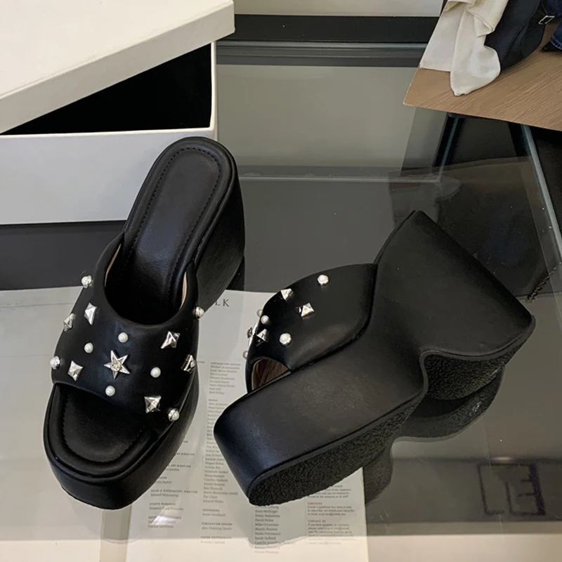 Liyke High Quality Cozy Soft Leather Wedges Heels Platform Slipper Women Fashion Metal Rivets Designer Sandal Female Party Shoes