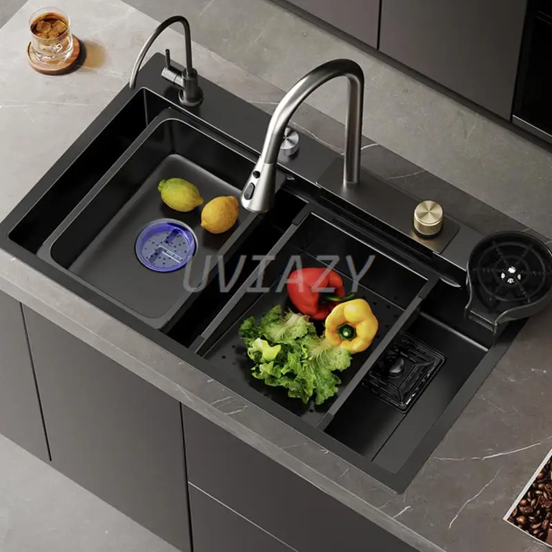 304 Stainless Steel Black Raindance Waterfall Kitchen Sink Large Single Bowl Wash Basin Sink Undercounter Topmount Faucet Drain