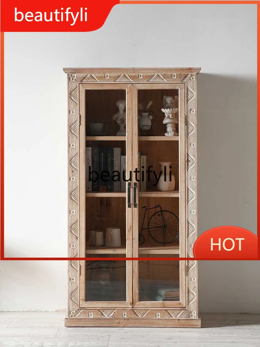 

American rural solid wood log color bookcase retro old glass door display cabinet living room study decoration D80