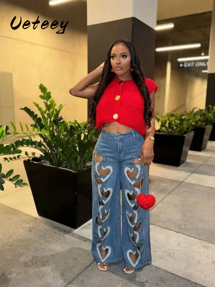 

Ueteey Women Vintage Cutout Love Hollow Out Cross Straight Denim Pants 2025 Fall Fashion INS High Waist Wide Leg Jeans Trousers