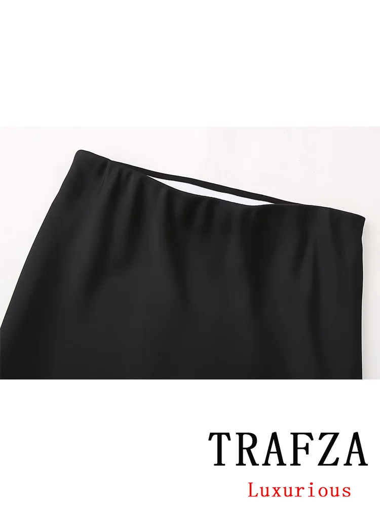 TRAFZA Vintage Casual Chic Women Skirt Solid Silky Satin Straight Elastic Waist Midi Skirt New Fashion 2024 Spring Summer Skirt