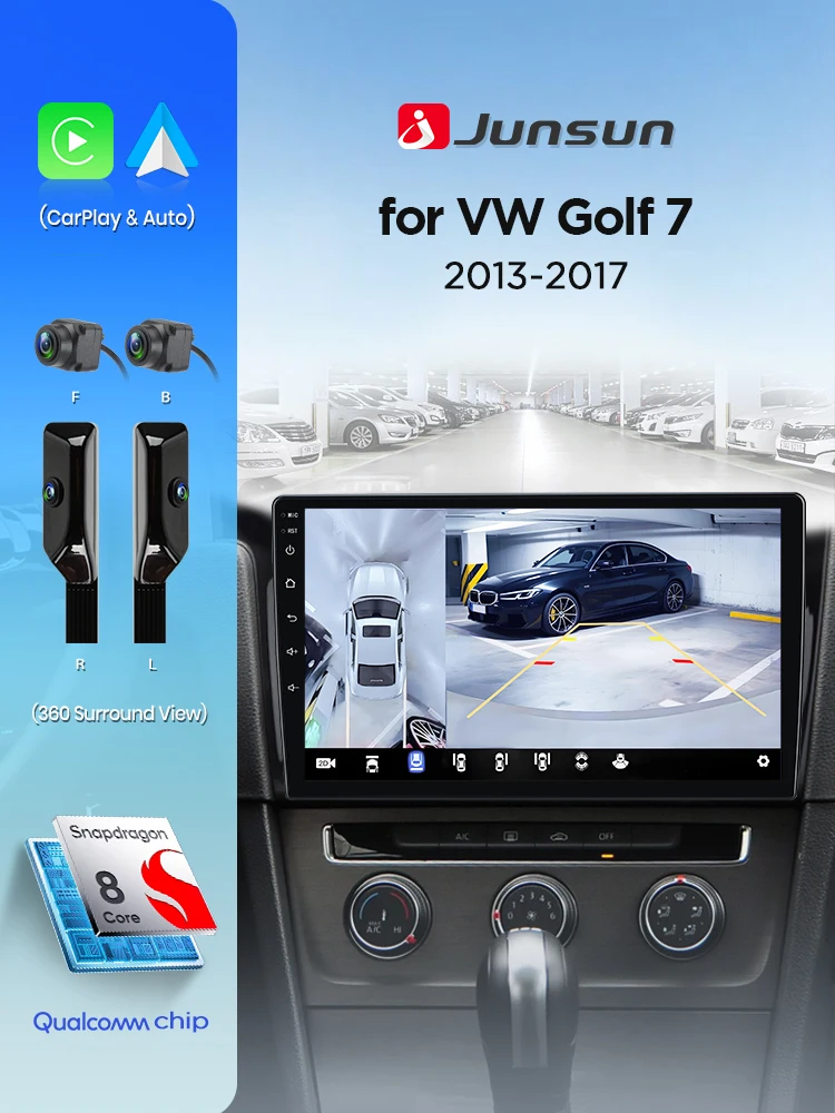 Junsun 8-Kern-Autoradio für Volkswagen VW Golf 7 2013-2017 mit integriertem 360-Grad-System °   Panorama-Kamera Kabelloses CarPlay Android Auto 4G LTE WLAN GPS-Navigation DSP RDS Lenkradsteuerung