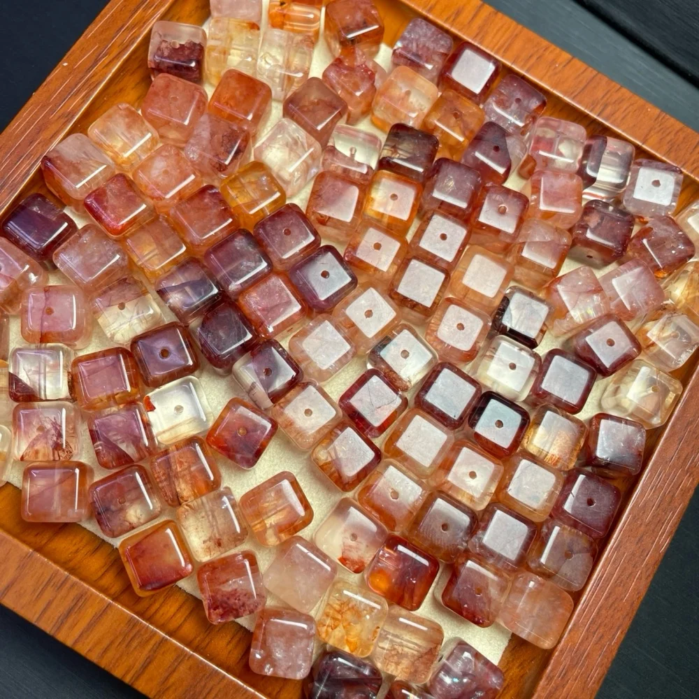 10PCS 10mm Natural Red Fire Quartz Hematoid Cube Polished Crystal Reiki Healing Jewelry Pendant Cute Rock Decoration for Gift