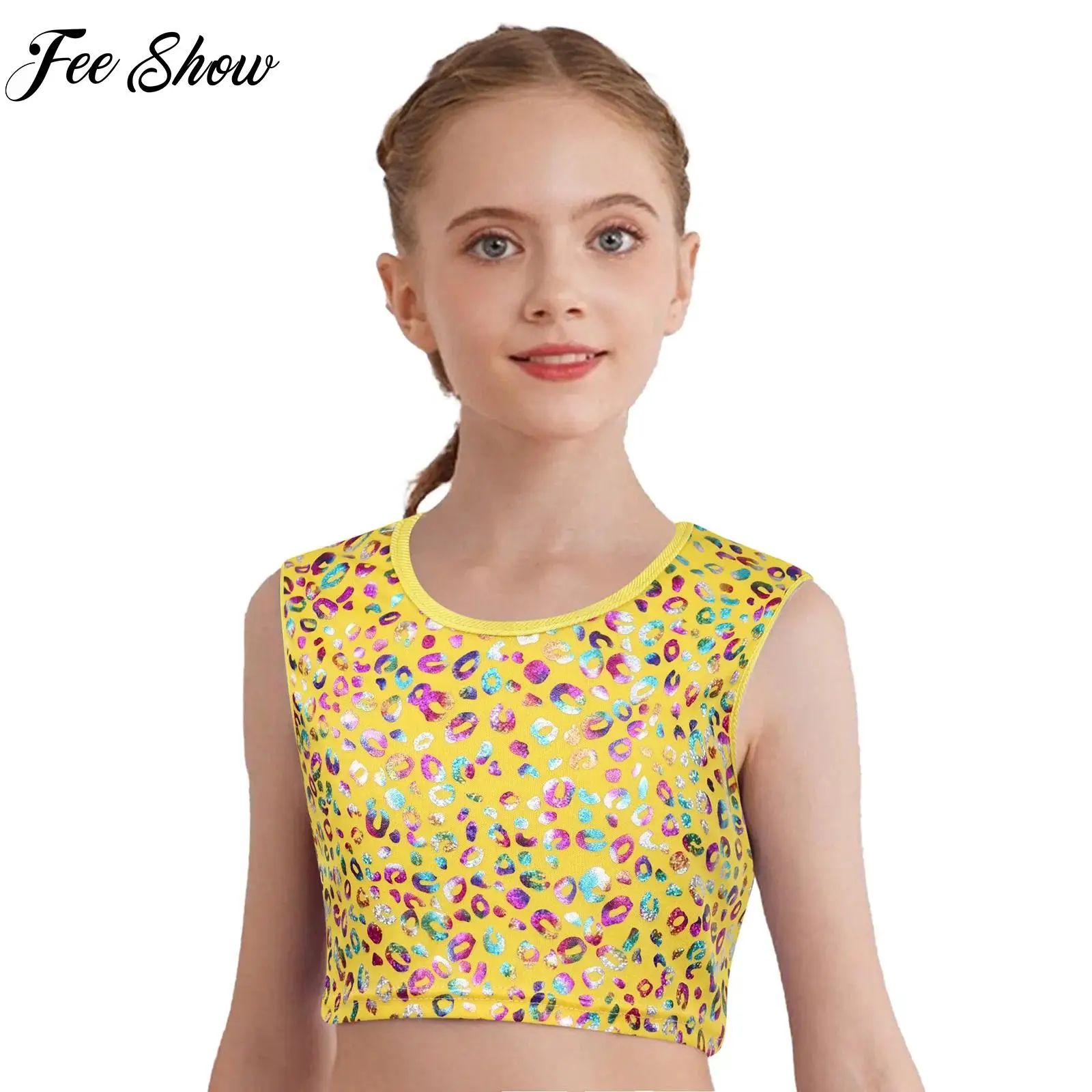 

Cheerleading Dance Tops for Kids Girls Metallic Leopard Crop Top Sleeveless Vest Tank Top Jazz Hip Hop Dance Performance Clothes