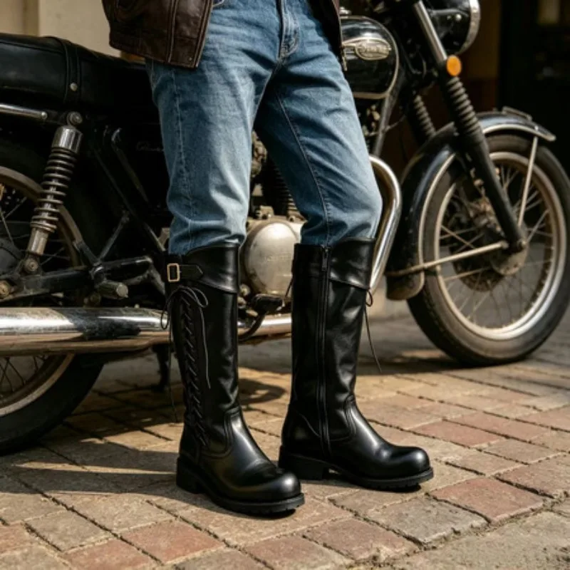 Shoes for Women Black Knee-High Footwear Winter Long Ladies Boots with Laces Lace-up on Promotion New Rock Pu British Boots