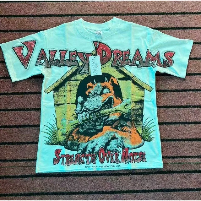 Vale Forever Alley American Streetwear Print Short Sleeve T-Shirt Unisex Loose Washed Vintage High Street Casual Top