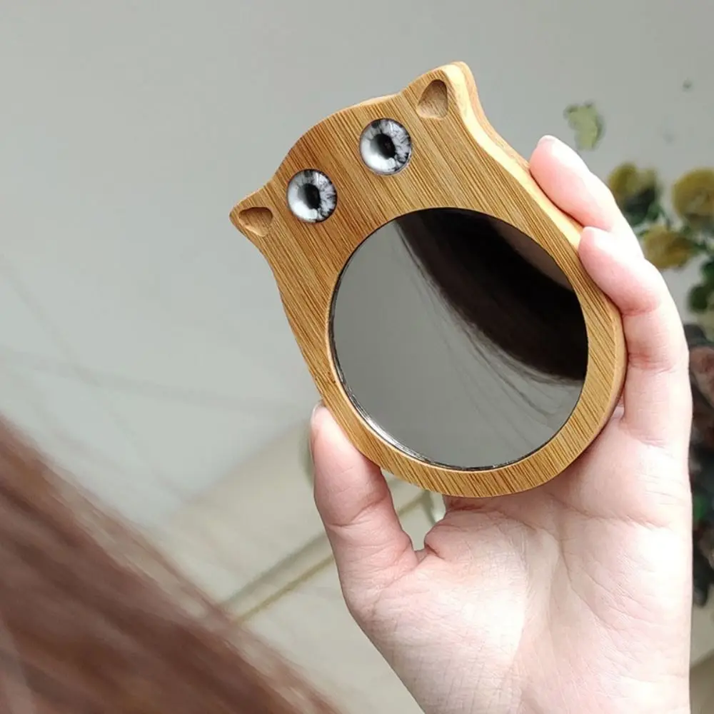 Wooden Natural Bamboo Makeup Mirror High Definition Cute Cat Beauty Mirror Hanging Korean Cosmetic Touch-up Mirror Travel