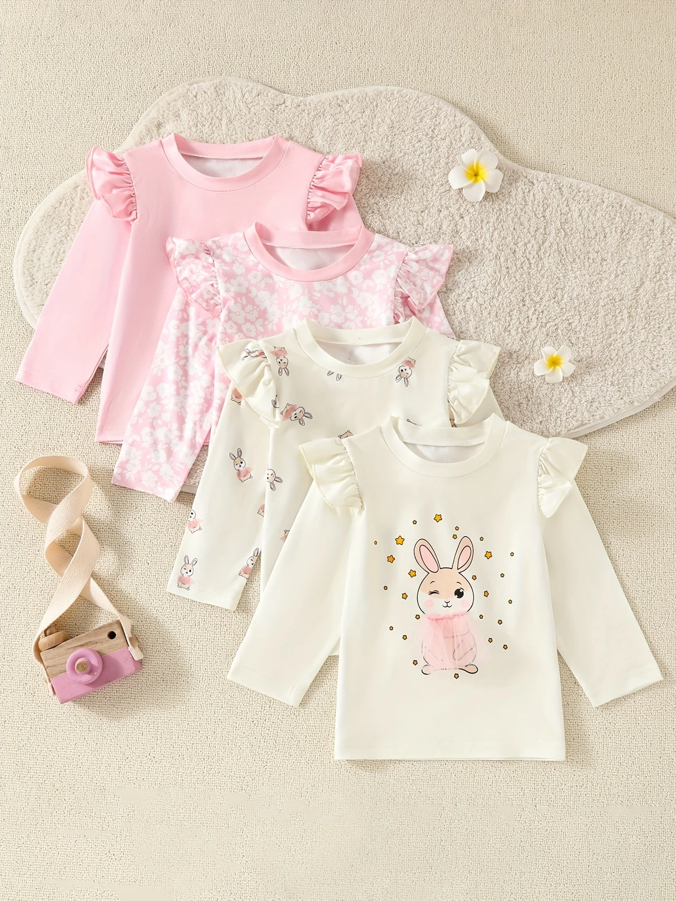 Cute Hot-selling 4-piece Long-sleeve T-shirts for Baby Girls, featuring Rabbit Prints, Flutter Sleeves, Comfortable Fit, Suitabl