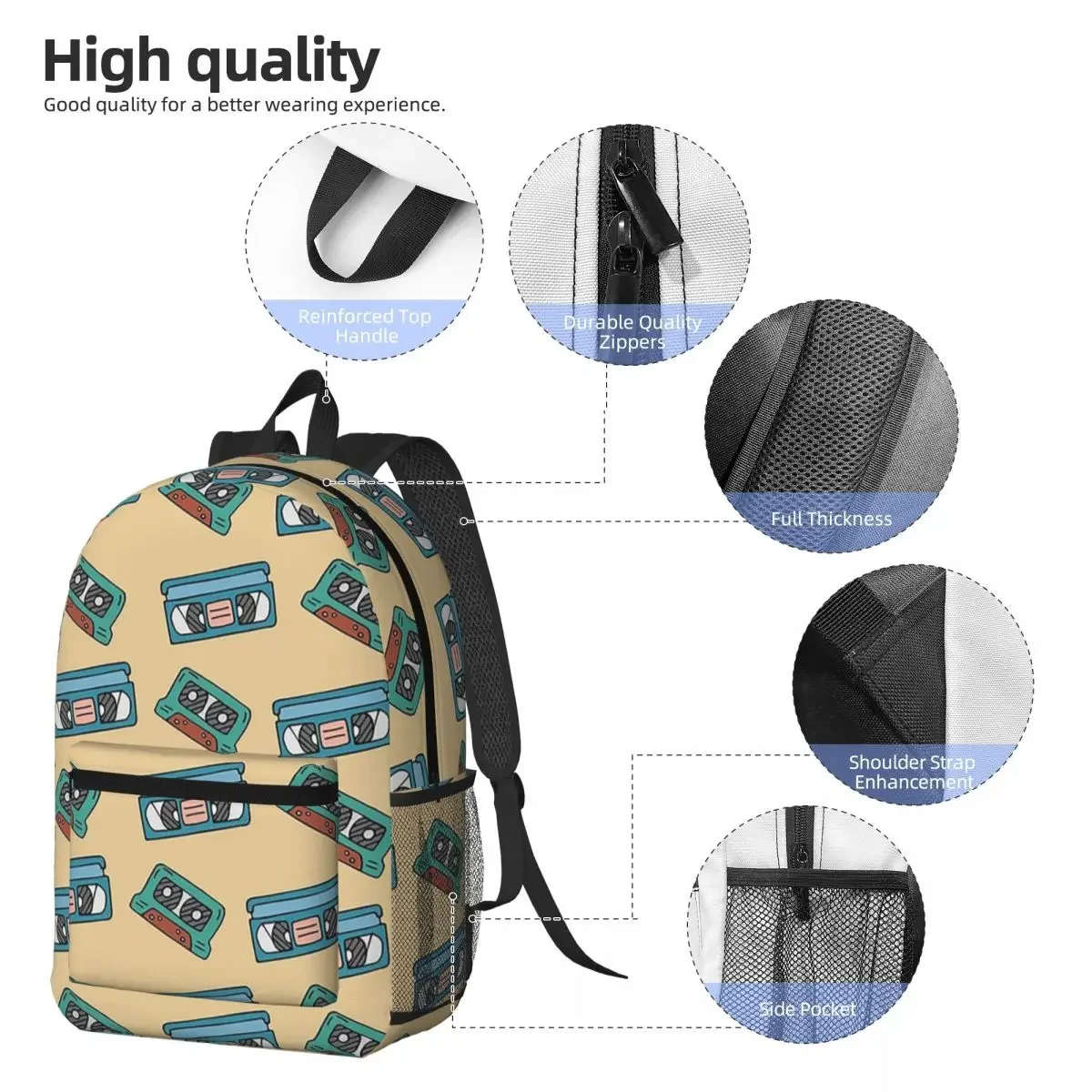 Compact Cassette Cartoon Pattern Backpack Daypack Large Capacity Kids BookBag School Bag Shoulder Bags for Men Women